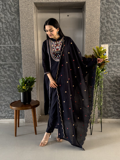 Black A-line Kurta Pant Set with Dupatta