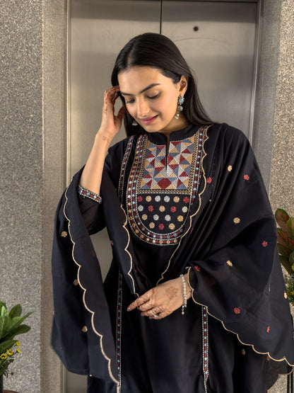 Black A-line Kurta Pant Set with Dupatta