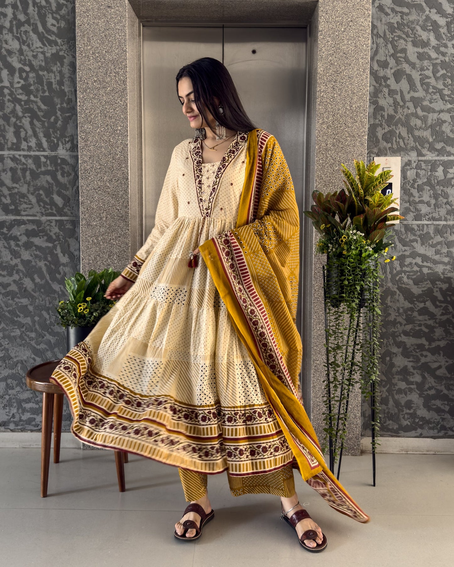 Yellow Anarkali Kurta Palazzo Set with Dupatta