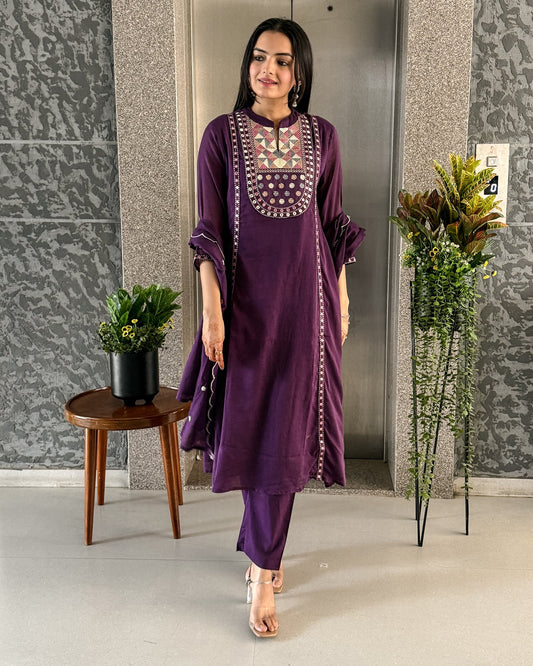 Purple A-line Kurta Pant Set with Dupatta