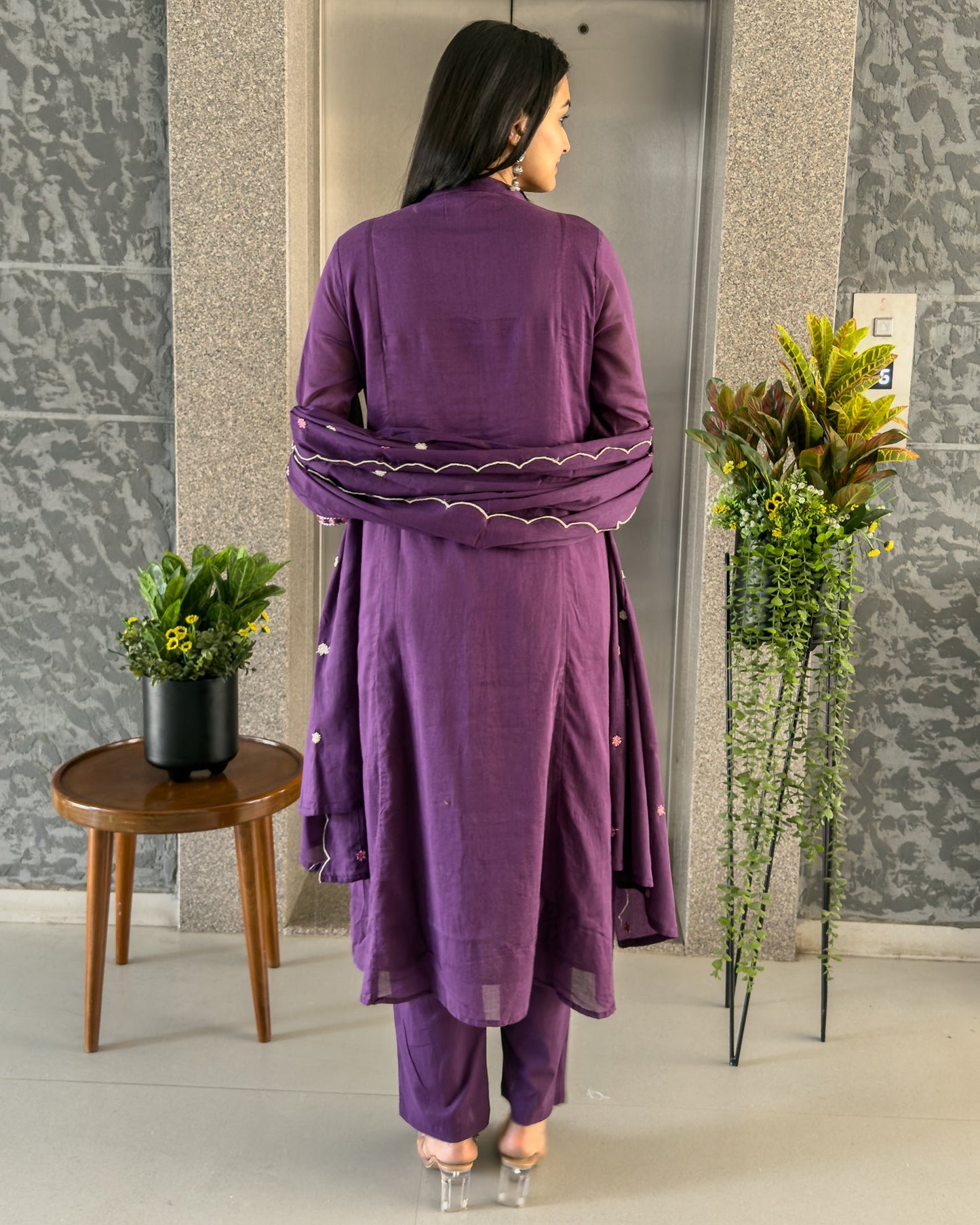Purple A-line Kurta Pant Set with Dupatta