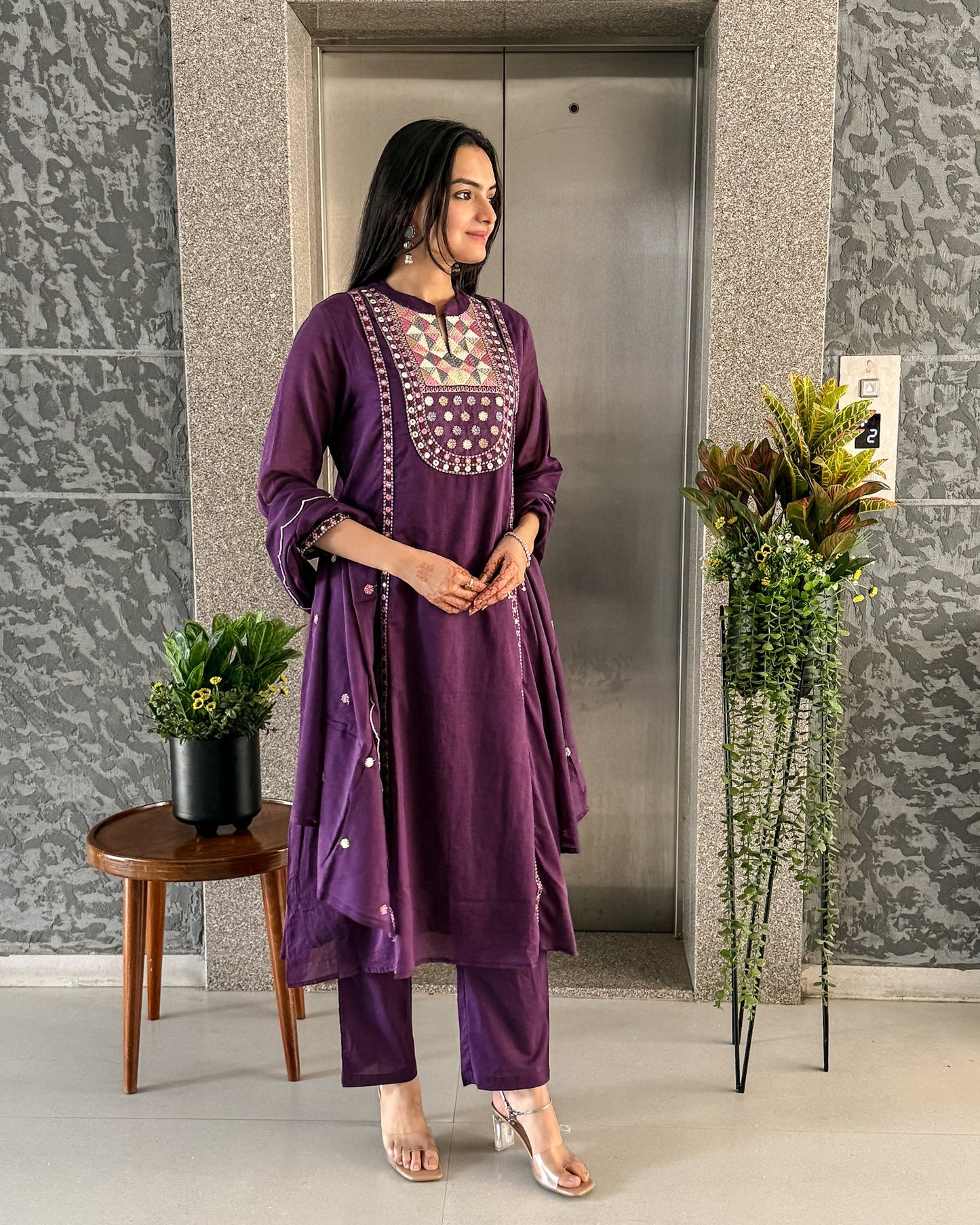 Purple A-line Kurta Pant Set with Dupatta
