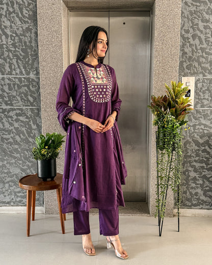Purple A-line Kurta Pant Set with Dupatta