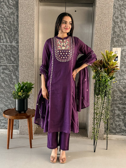 Purple A-line Kurta Pant Set with Dupatta