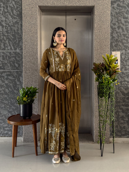 Mehendi Round Kurta Pant Set with Dupatta