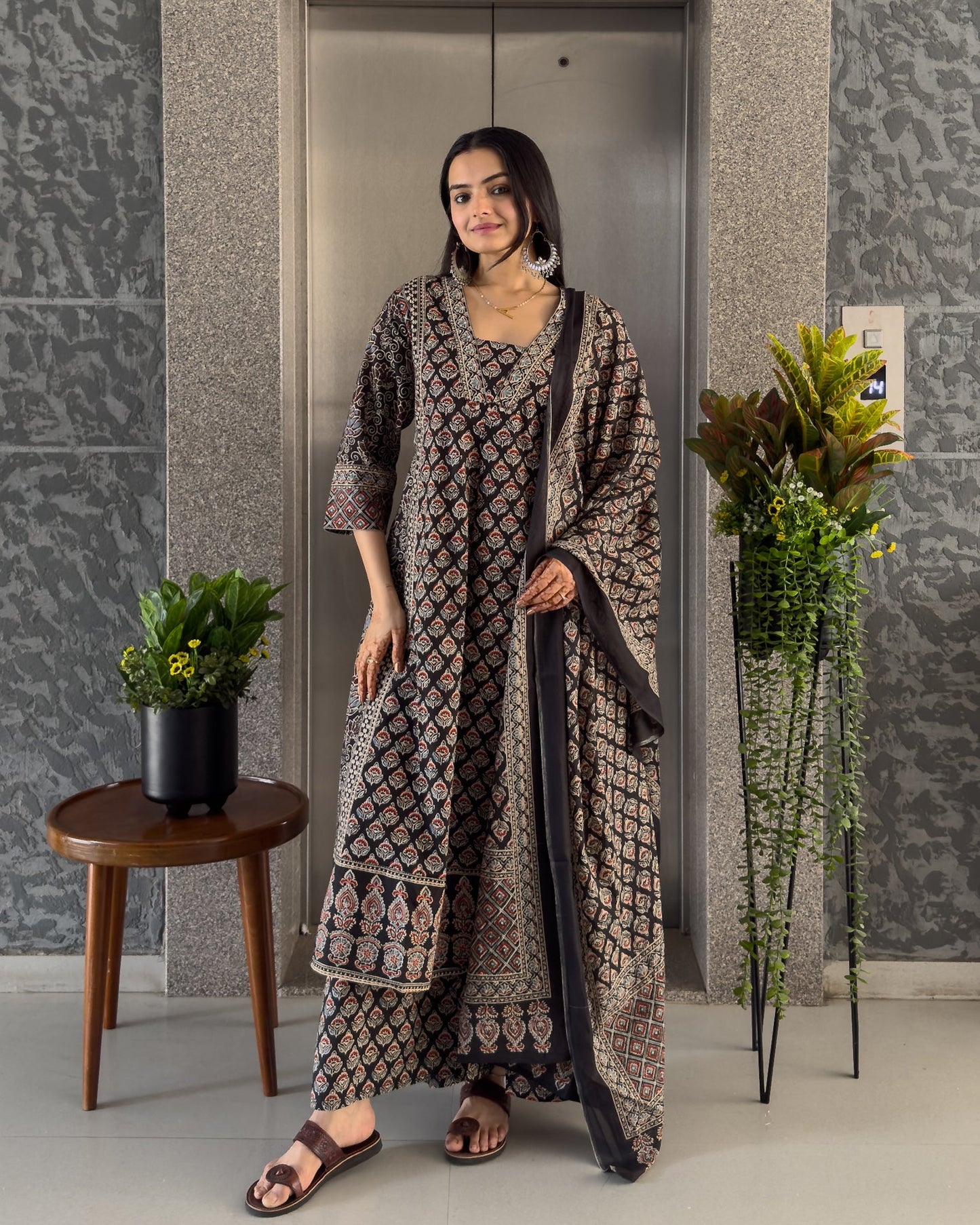 Black Printed Kurta Palazzo Set with Dupatta