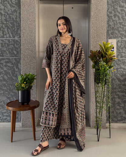Black Printed Kurta Palazzo Set with Dupatta