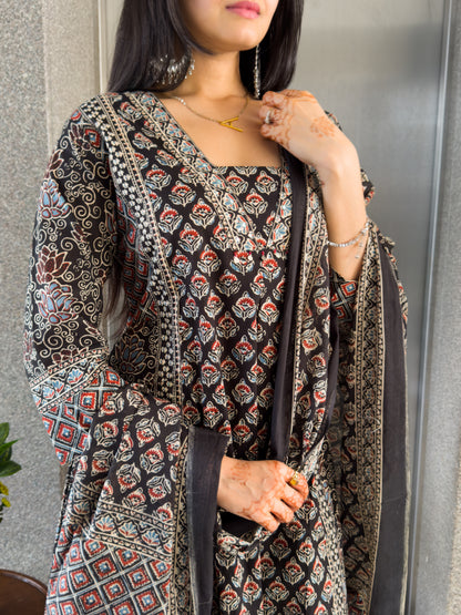 Black Printed Kurta Palazzo Set with Dupatta