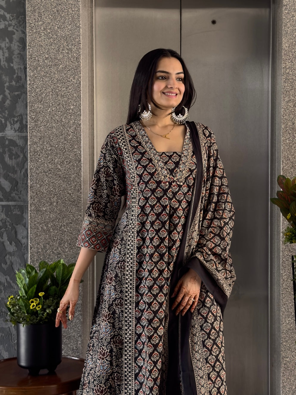 Black Printed Kurta Palazzo Set with Dupatta