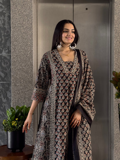 Black Printed Kurta Palazzo Set with Dupatta