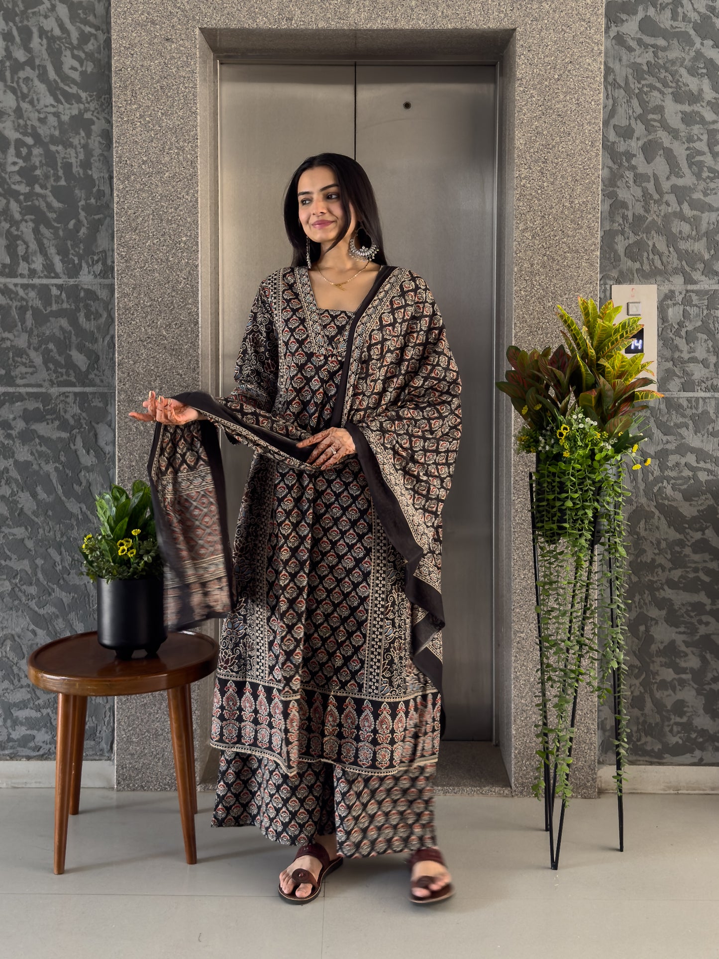Black Printed Kurta Palazzo Set with Dupatta