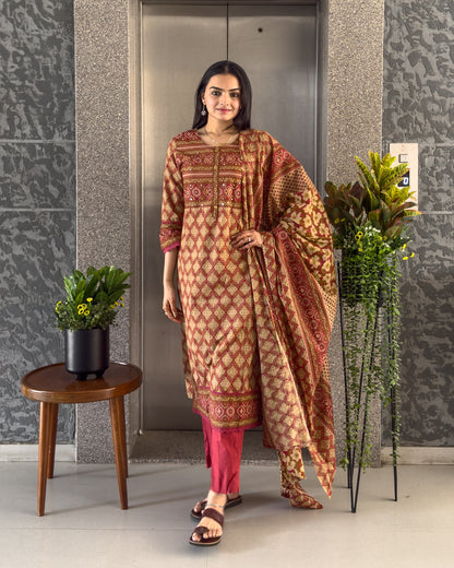 Red Straight Kurta Pant Set with Dupatta