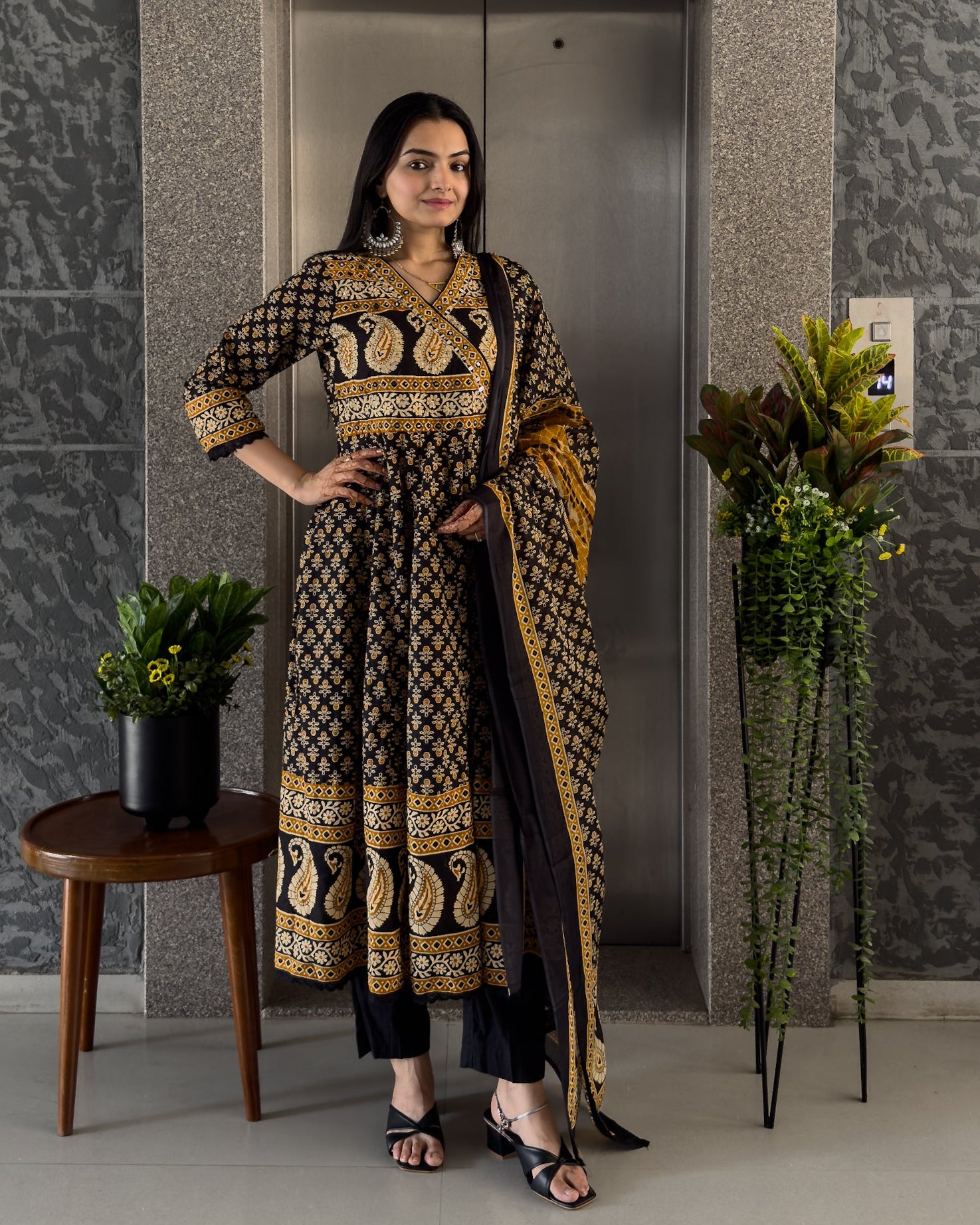 Black Angrakha Style Kurta Pant Set with Dupatta
