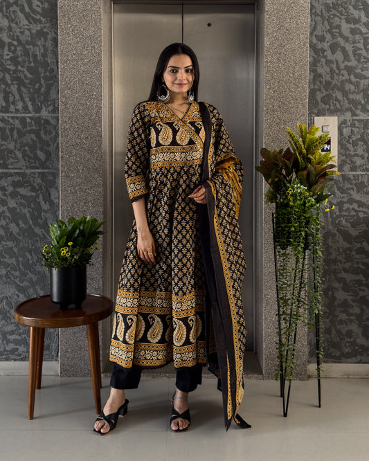 Black Angrakha Style Kurta Pant Set with Dupatta