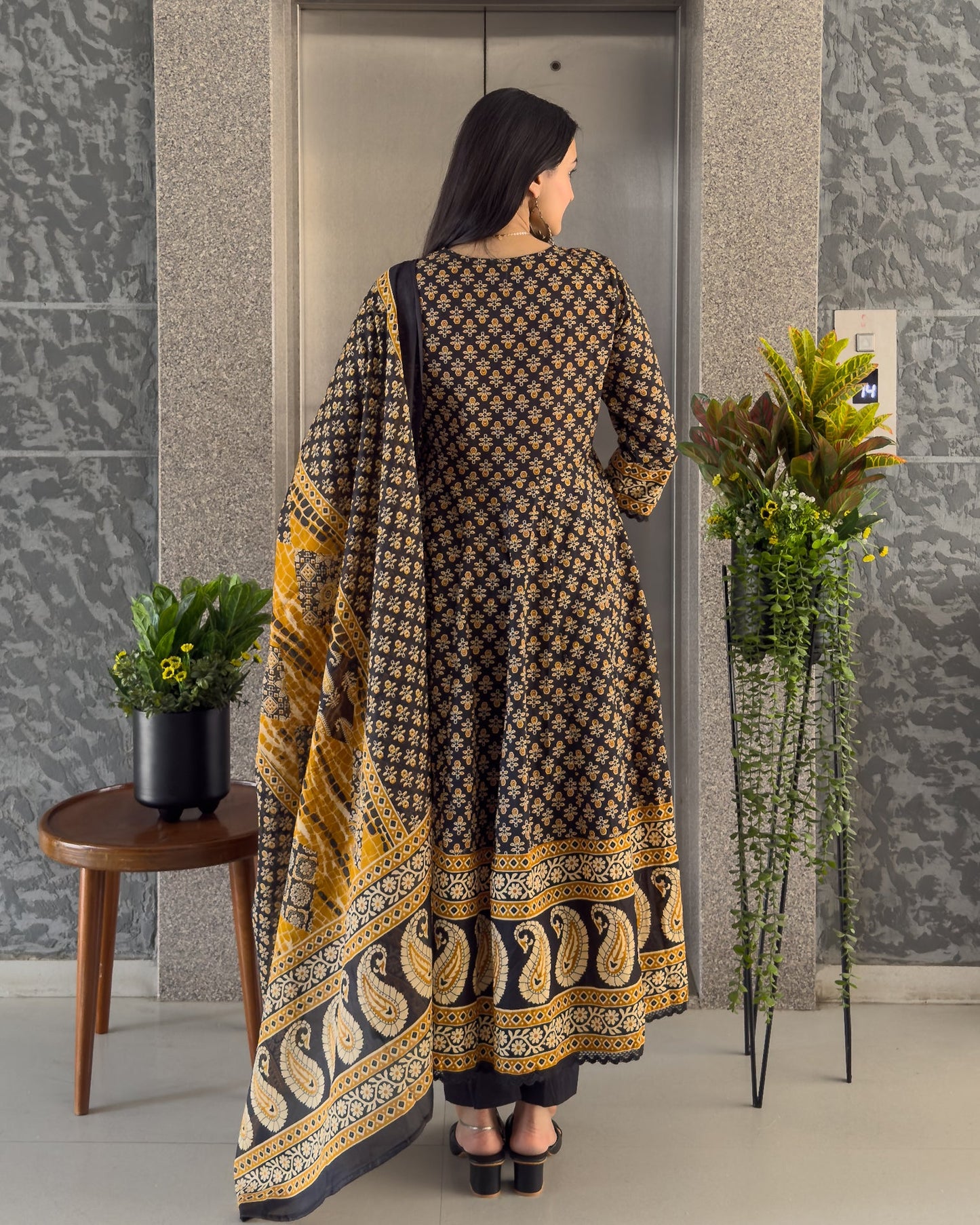 Black Angrakha Style Kurta Pant Set with Dupatta