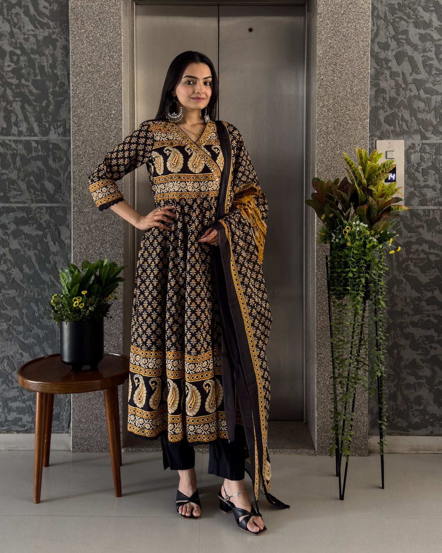 Black Angrakha Style Kurta Pant Set with Dupatta