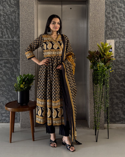 Black Angrakha Style Kurta Pant Set with Dupatta