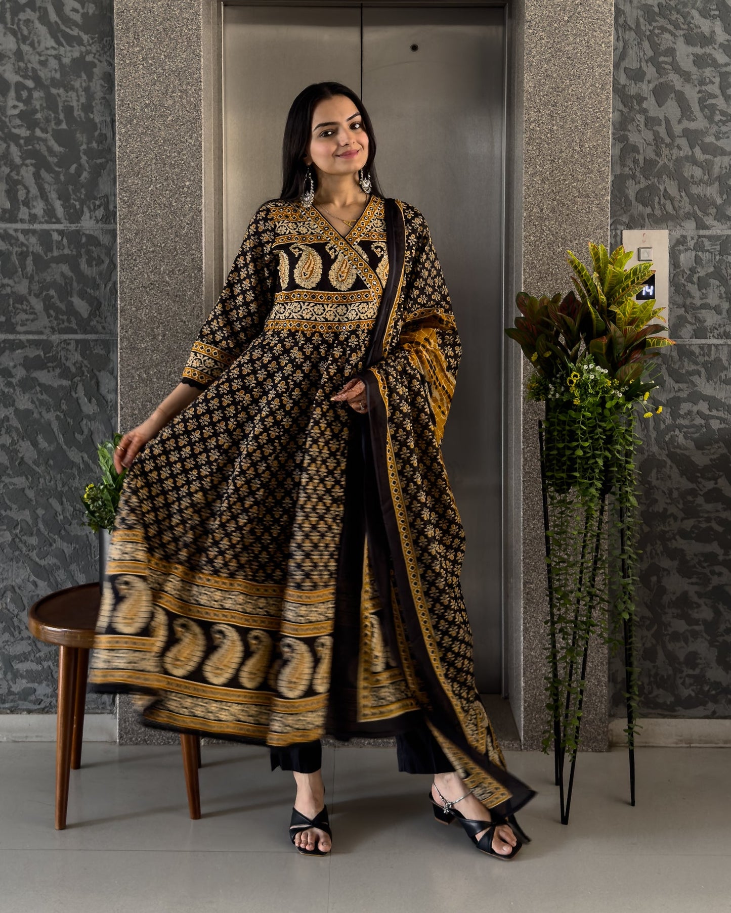 Black Angrakha Style Kurta Pant Set with Dupatta
