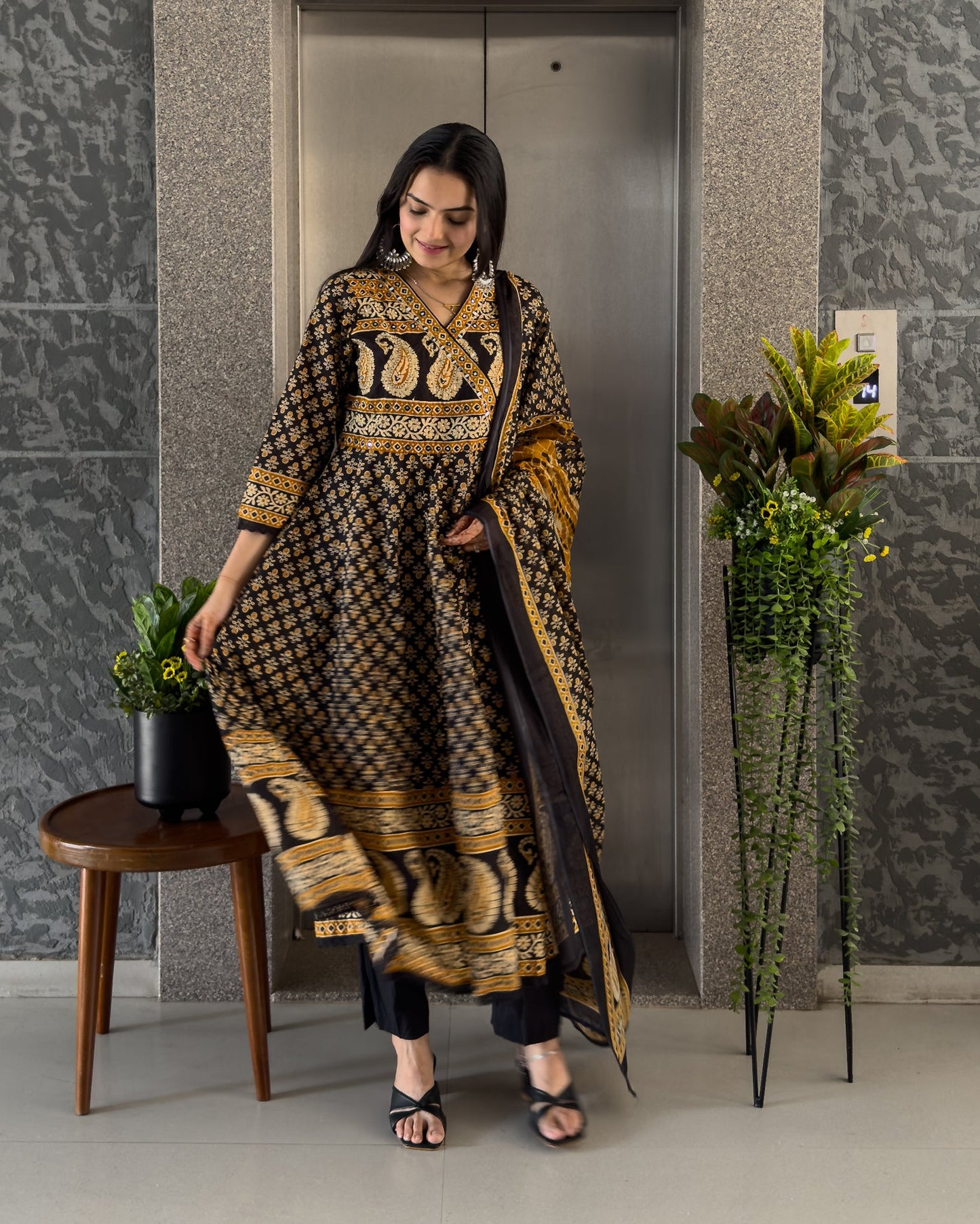 Black Angrakha Style Kurta Pant Set with Dupatta