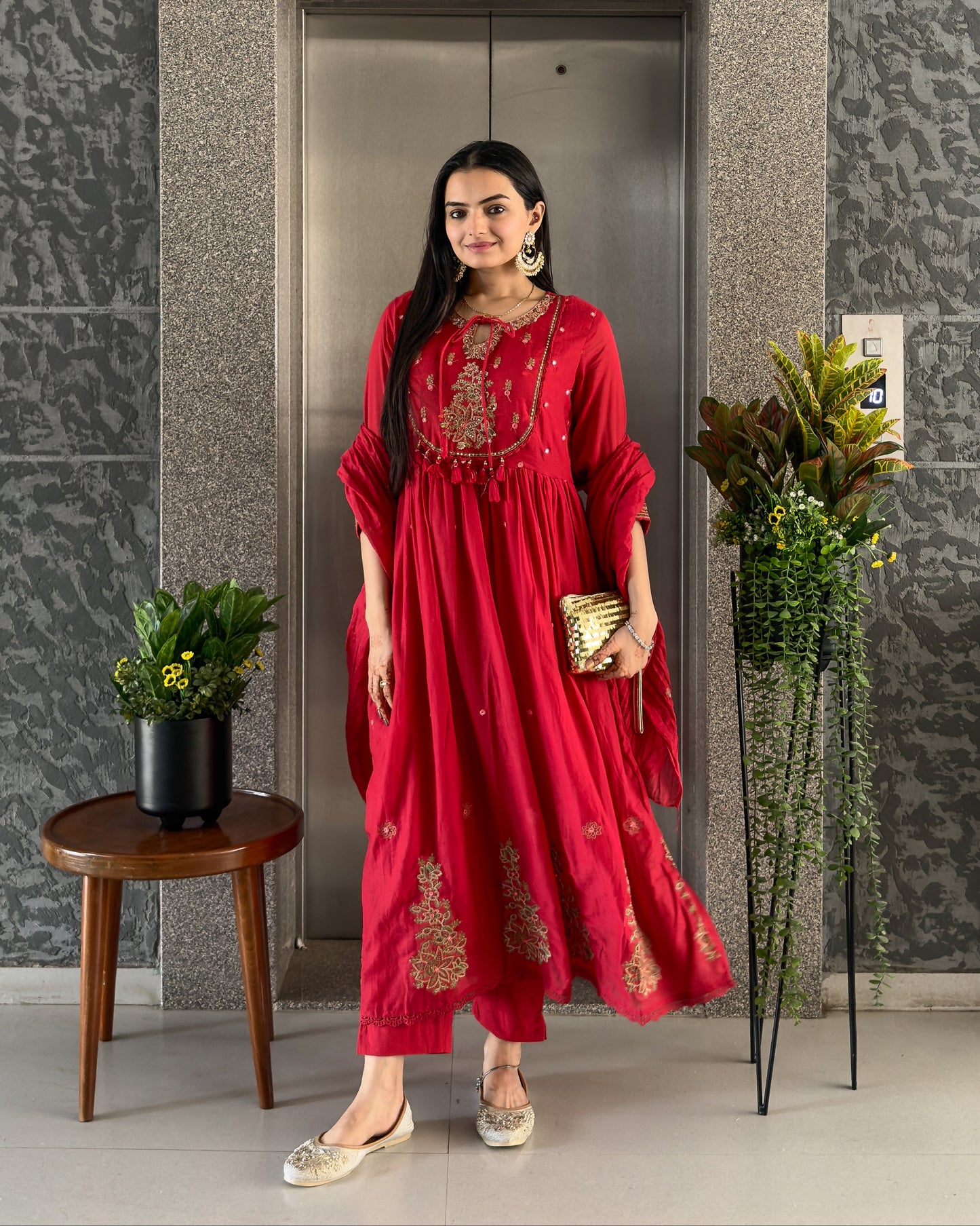 Red Round Kurta Pant Set with Dupatta