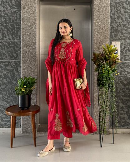 Red Round Kurta Pant Set with Dupatta