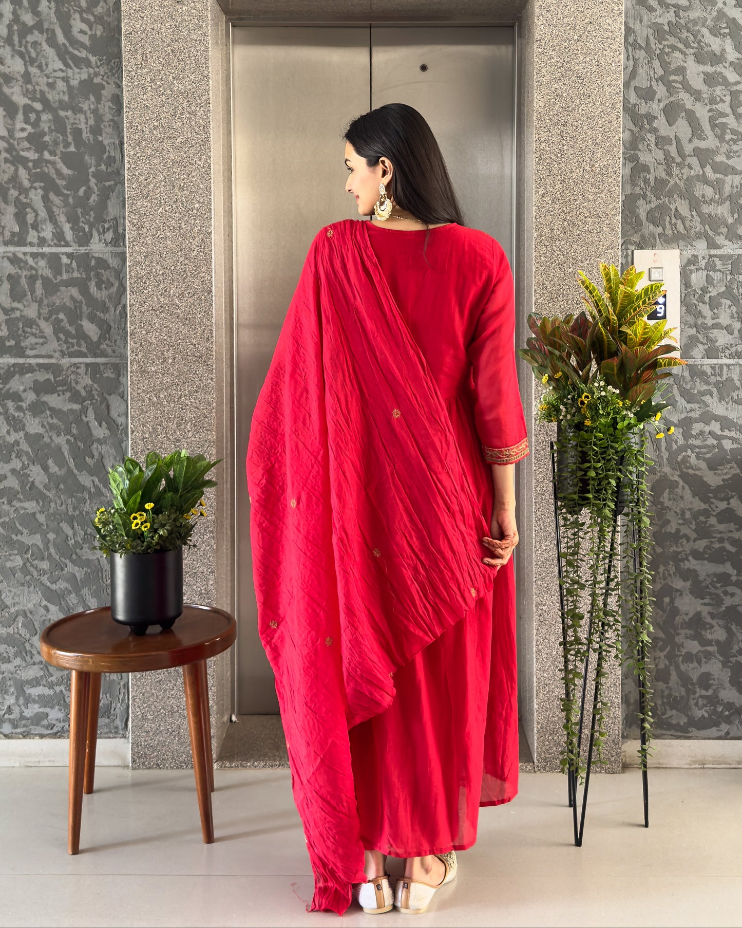 Red Round Kurta Pant Set with Dupatta