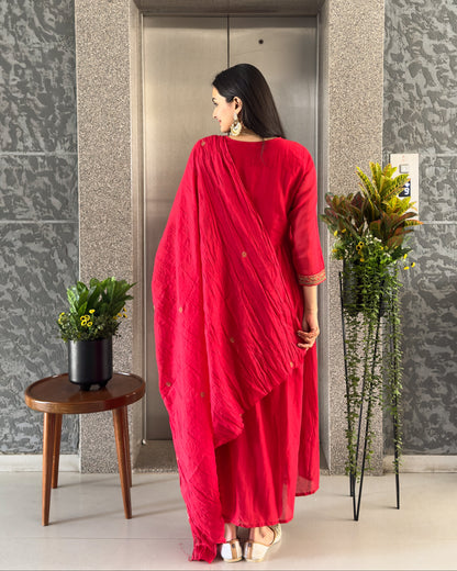 Red Round Kurta Pant Set with Dupatta