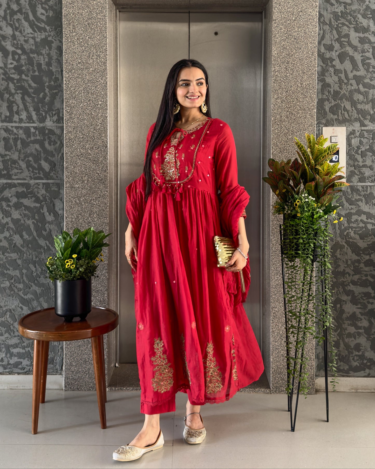 Red Round Kurta Pant Set with Dupatta
