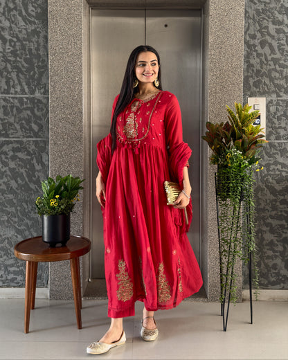 Red Round Kurta Pant Set with Dupatta