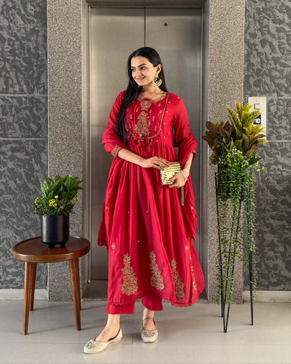 Red Round Kurta Pant Set with Dupatta