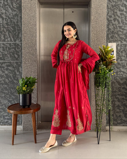 Red Round Kurta Pant Set with Dupatta