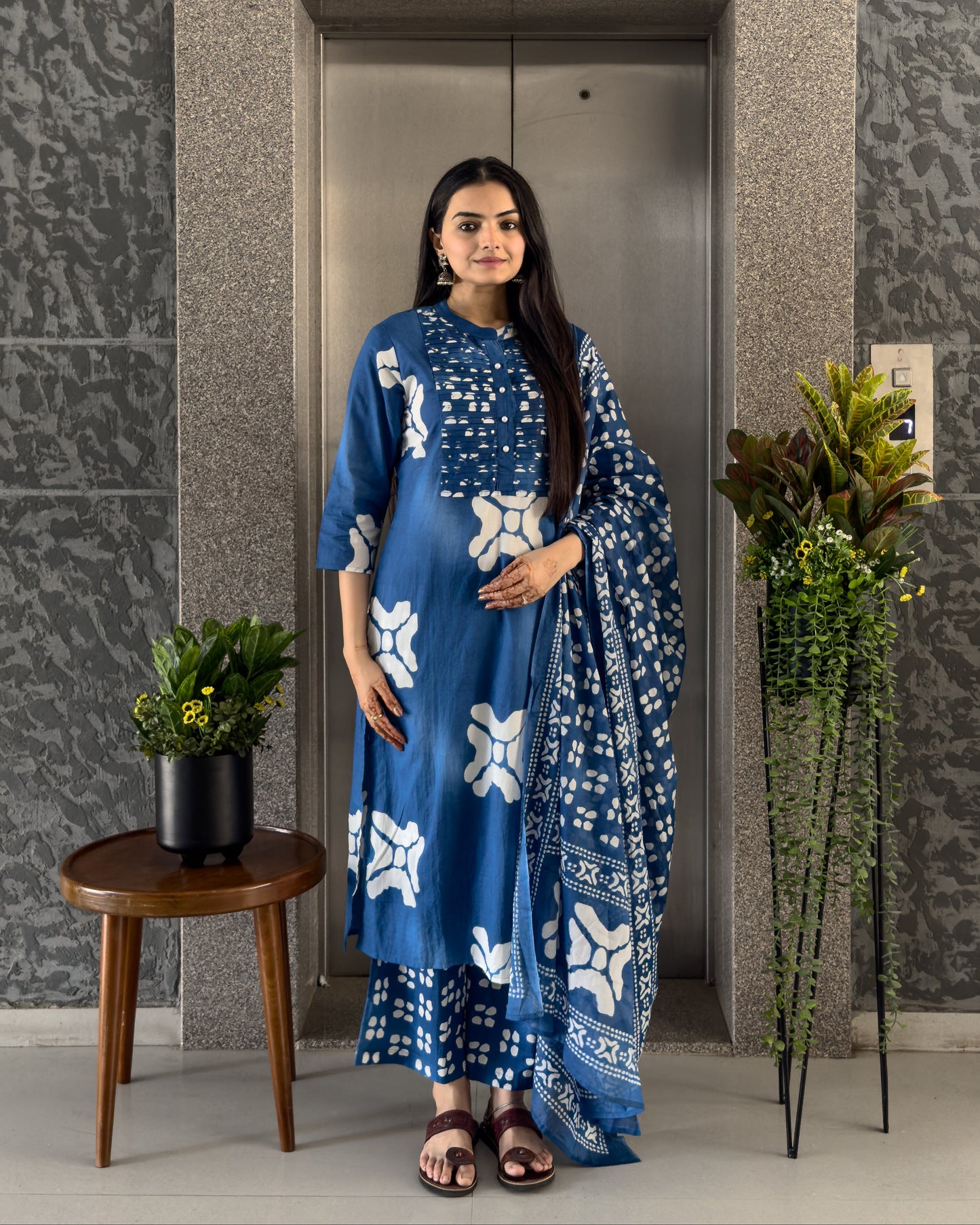 Royal Blue Straight Kurta Paalzzo Set with Dupatta
