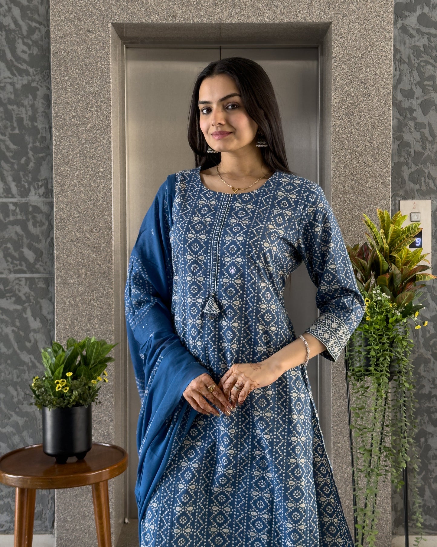 Blue Cotton Bandhani Kurta Pant Set with Dupatta