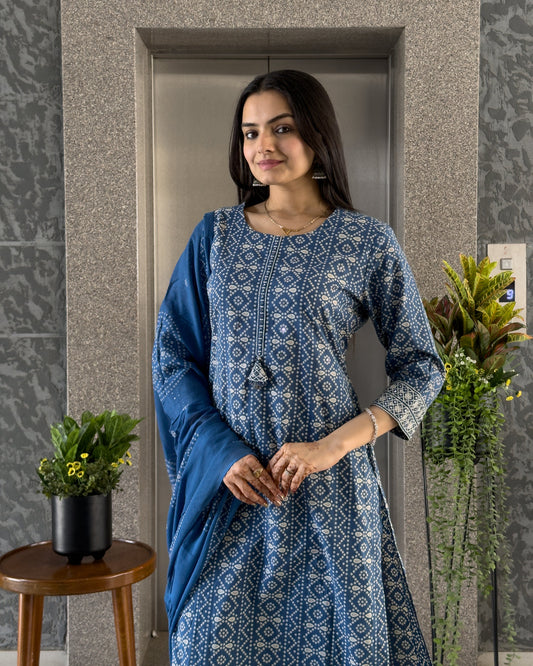 Blue Cotton Bandhani Kurta Pant Set with Dupatta