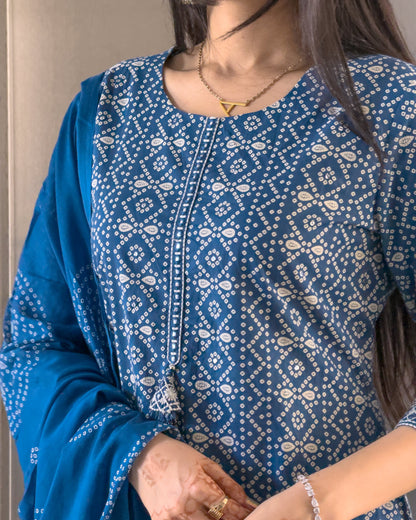 Blue Cotton Bandhani Kurta Pant Set with Dupatta