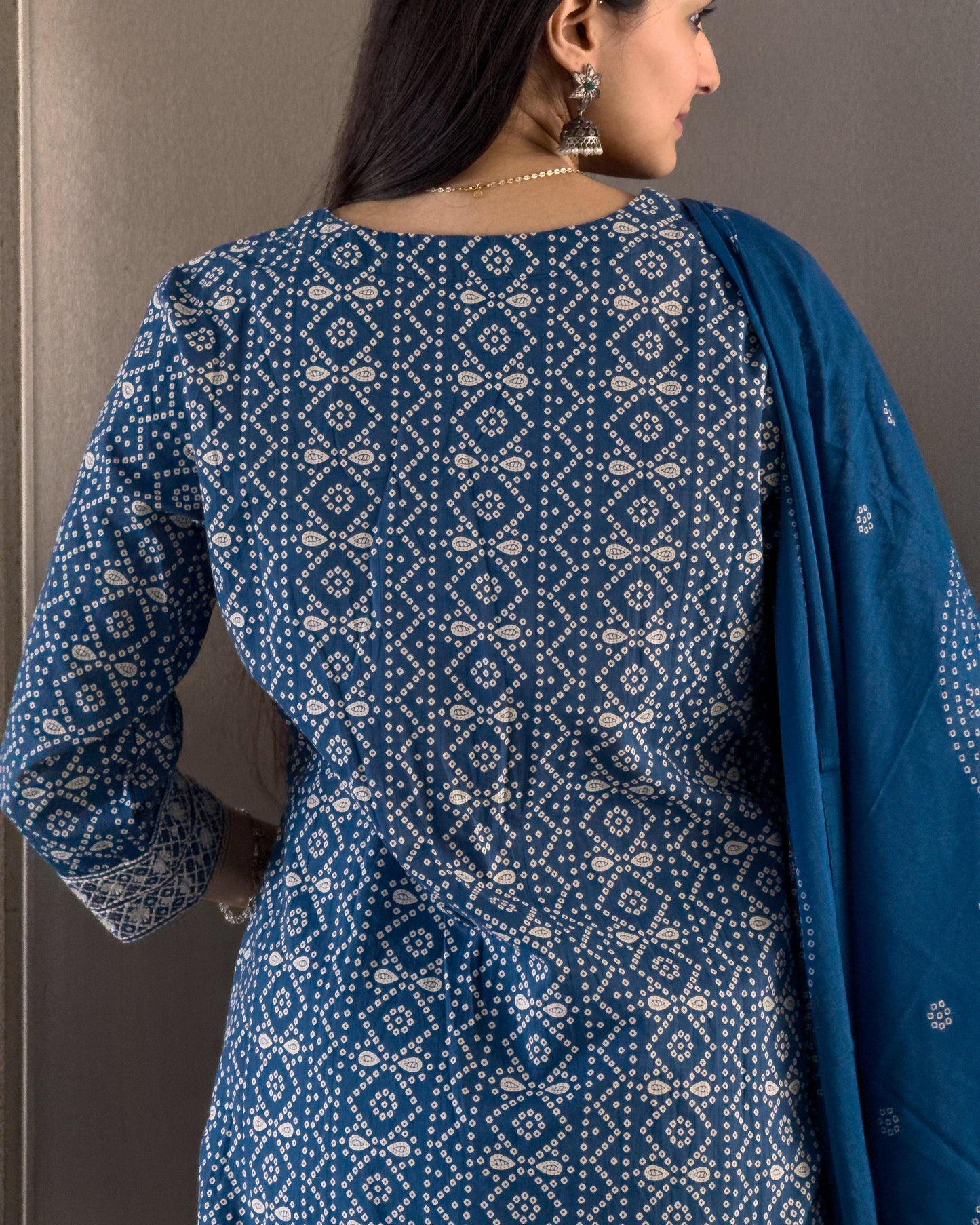 Blue Cotton Bandhani Kurta Pant Set with Dupatta