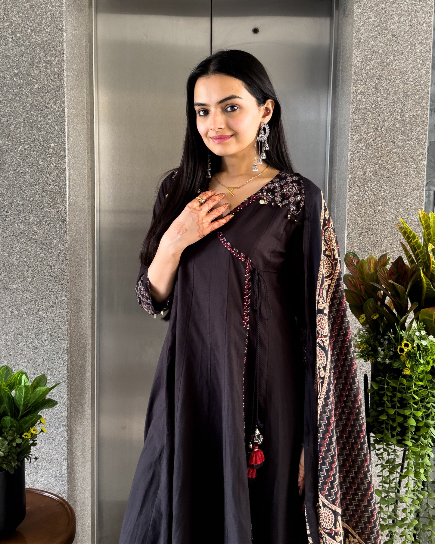 Black Angrakha Style Kurta Pant with Dupatta Set