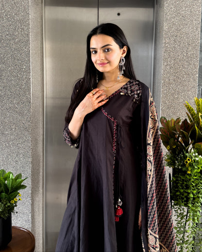 Black Angrakha Style Kurta Pant with Dupatta Set
