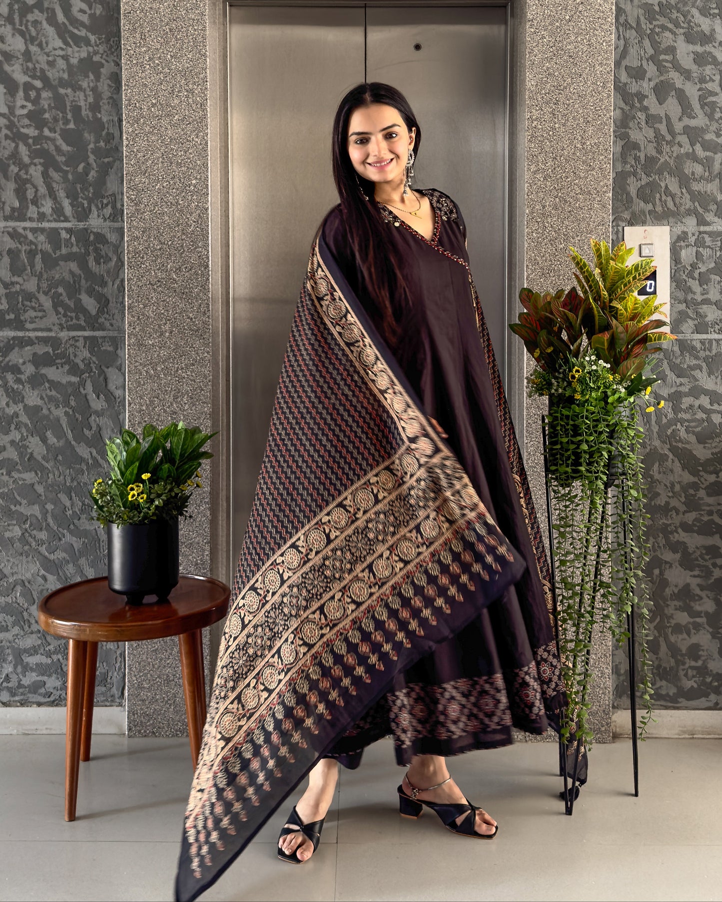 Black Angrakha Style Kurta Pant with Dupatta Set