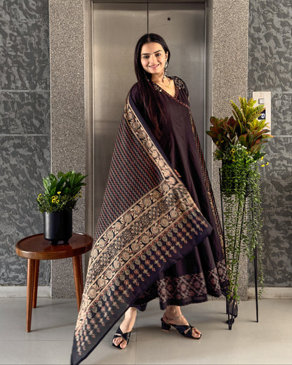 Black Angrakha Style Kurta Pant with Dupatta Set