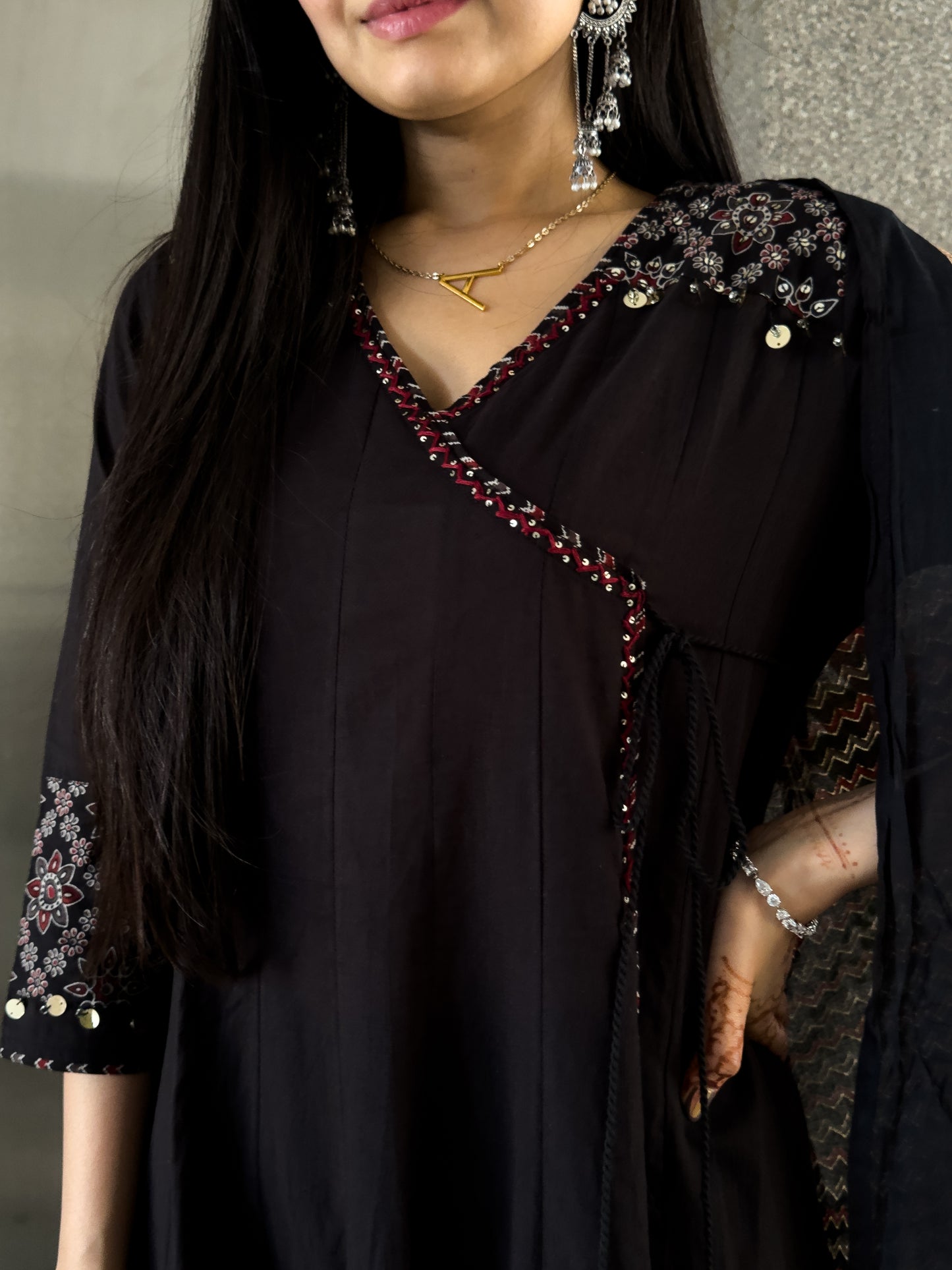 Black Angrakha Style Kurta Pant with Dupatta Set