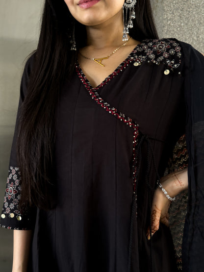 Black Angrakha Style Kurta Pant with Dupatta Set