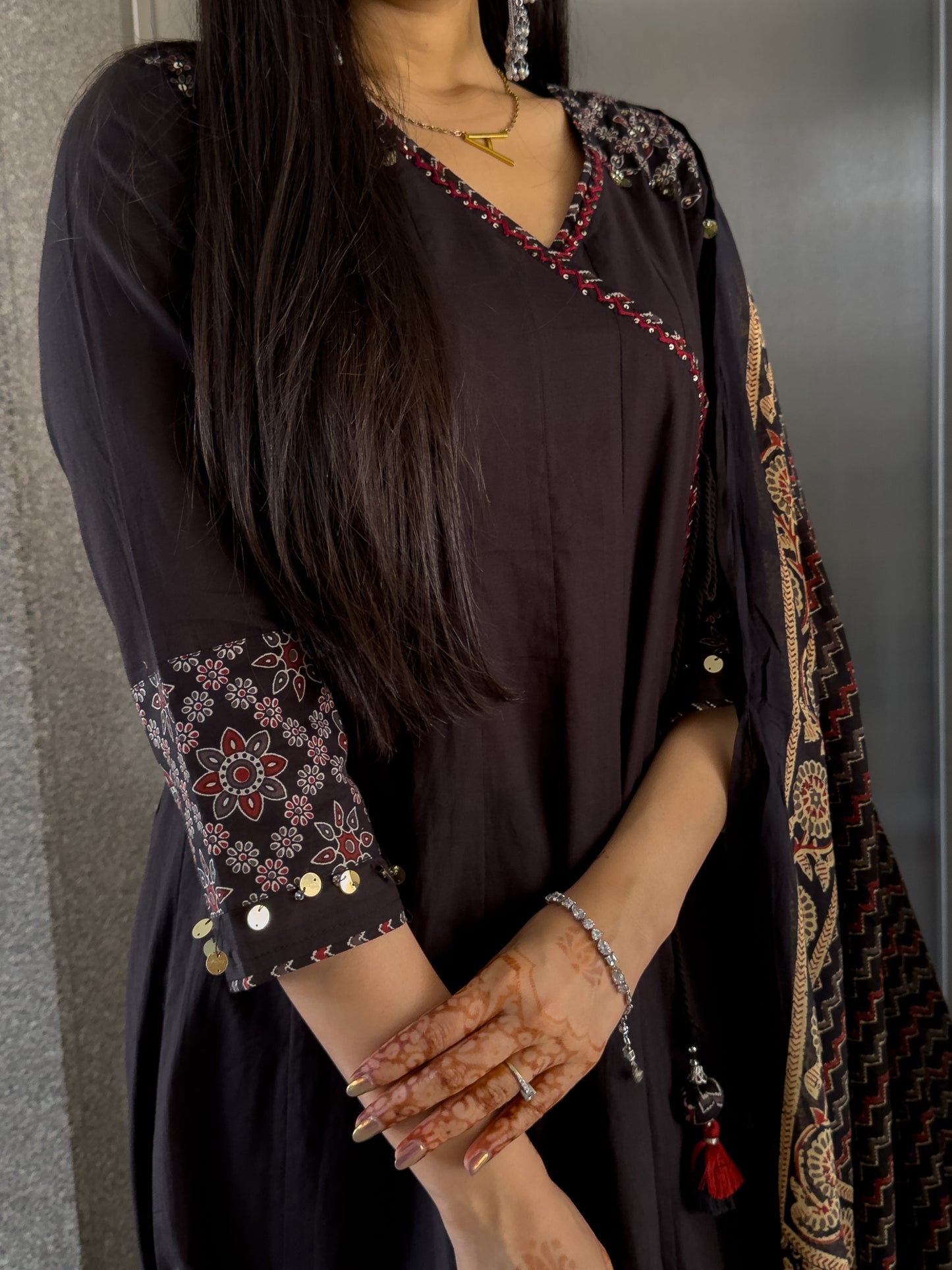 Black Angrakha Style Kurta Pant with Dupatta Set