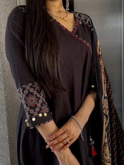 Black Angrakha Style Kurta Pant with Dupatta Set