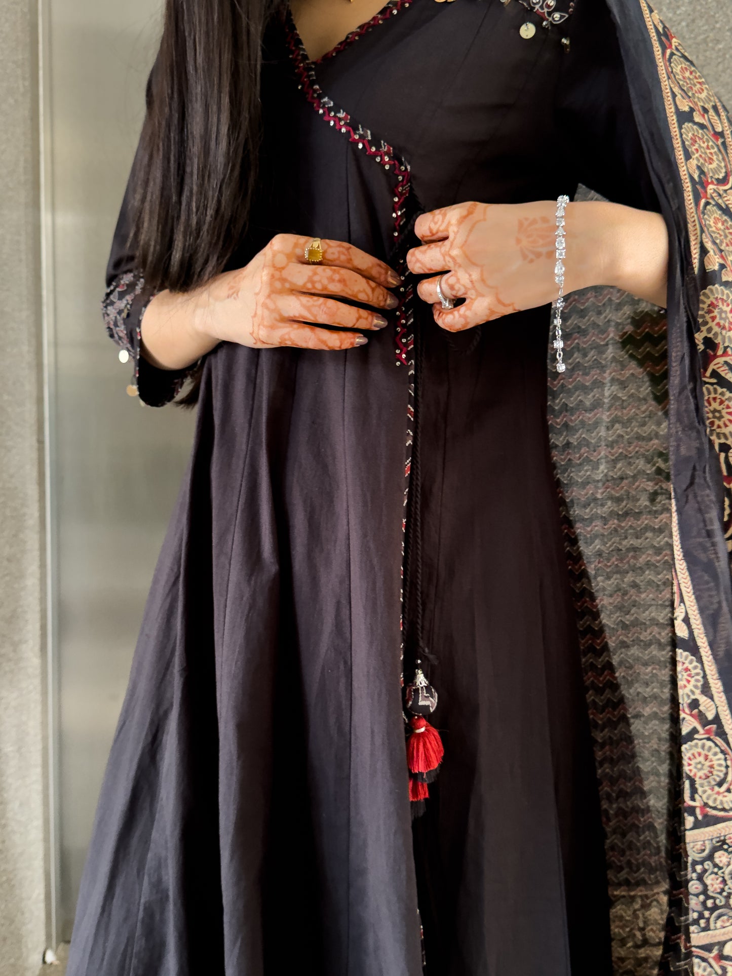 Black Angrakha Style Kurta Pant with Dupatta Set