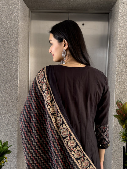 Black Angrakha Style Kurta Pant with Dupatta Set
