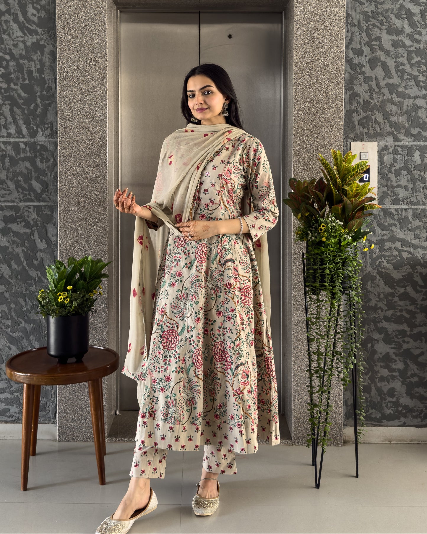 Grey Anarkali Kurta Pant Set with Dupatta