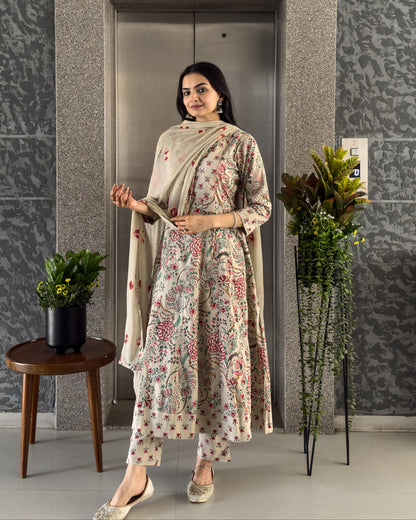 Grey Anarkali Kurta Pant Set with Dupatta