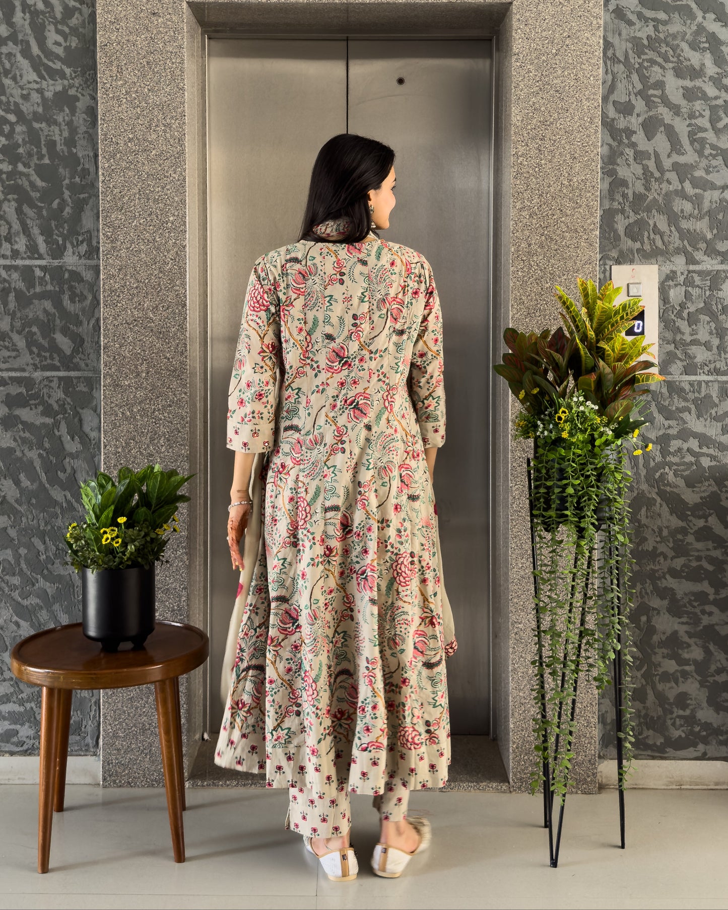 Grey Anarkali Kurta Pant Set with Dupatta