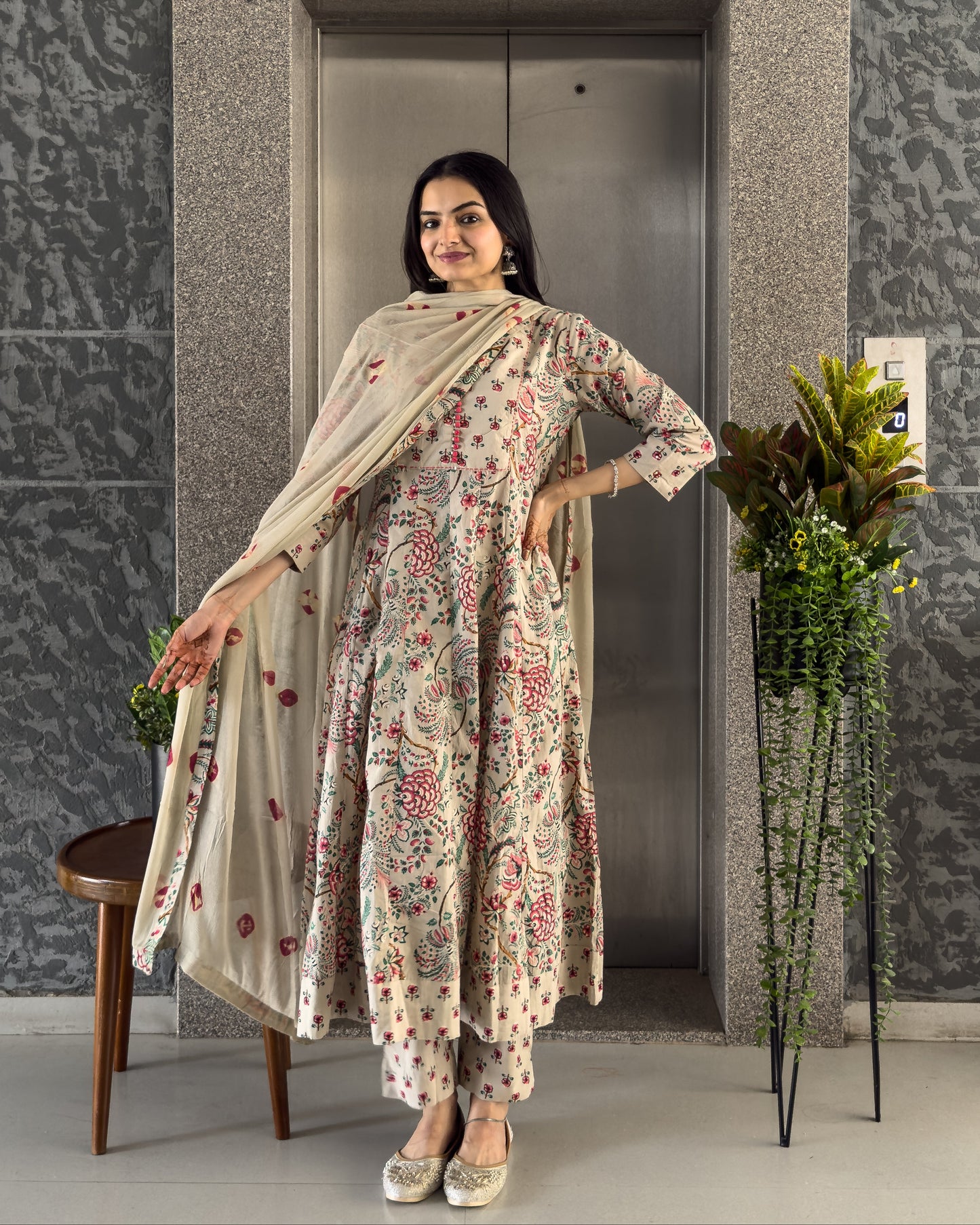 Grey Anarkali Kurta Pant Set with Dupatta